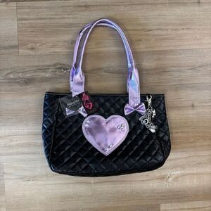 New Y2K Lounge Fly Torrid Black Purse With Purple Heart White & Black Pearls